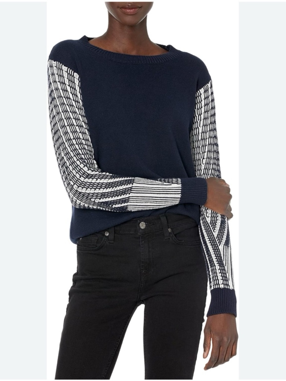 Cable Stitch Contrast- Sleeve Cotton Sweater